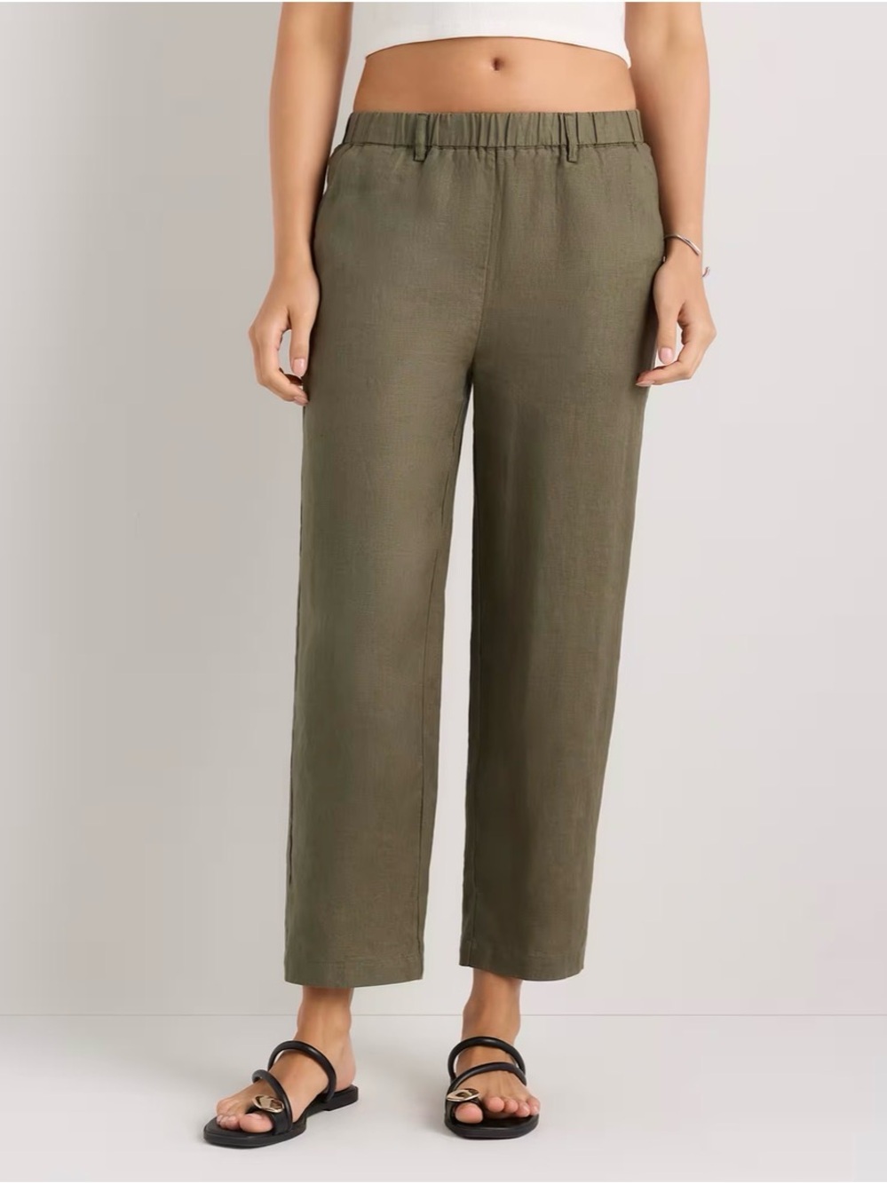 Quince Linen Bayberry Olive Green Straight-Leg Elastic-Waist Pants NWT
